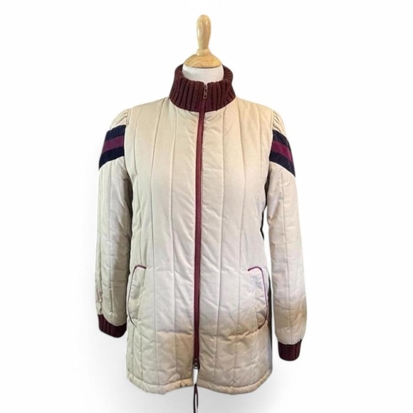 VTG 80s JCPenney Sz M Quilted Bomber Jacket Korea Cream Burgundy Stripe - Picture 1 of 9